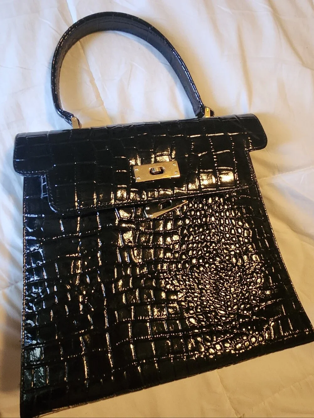 Large Glossy Black Croc-Embossed Top-Handle Bag